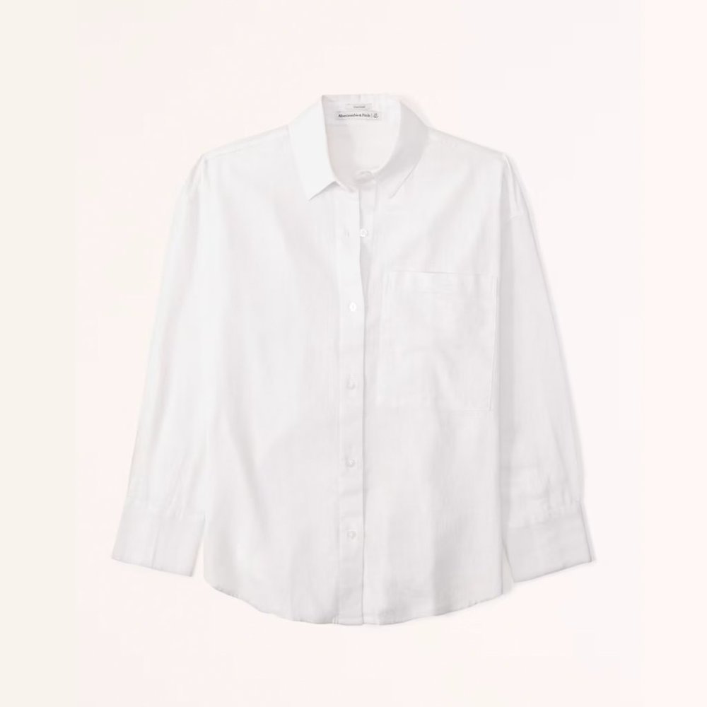 Abercrombie Oversized Linen-Blend Button Up Shirt White Small